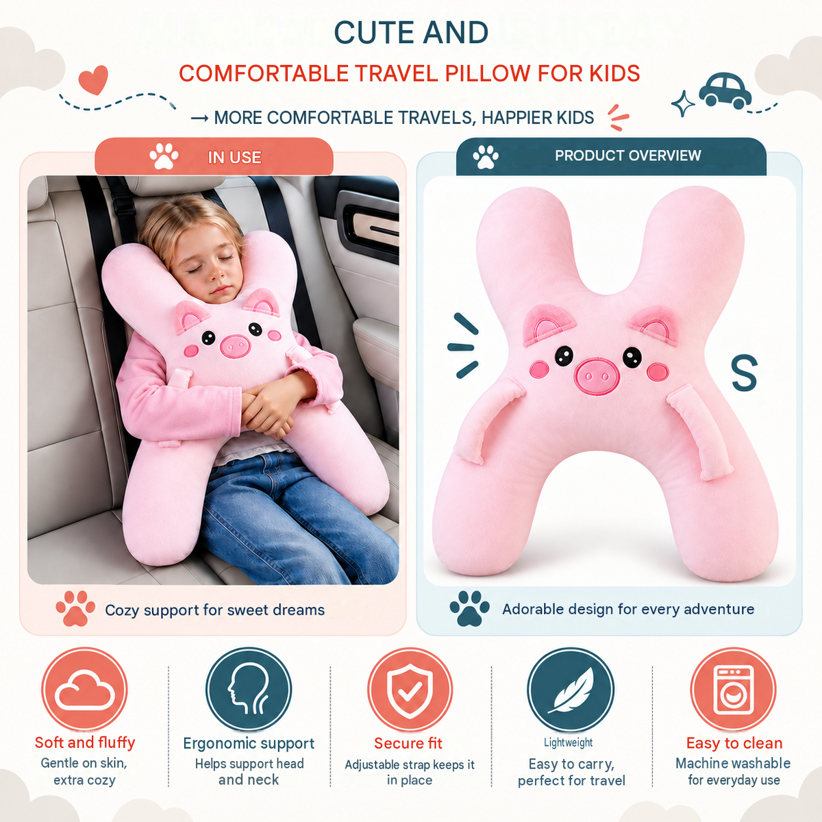 🚗💤 Kids Car Travel Pillow | Cute Animal Neck Support Pillow
