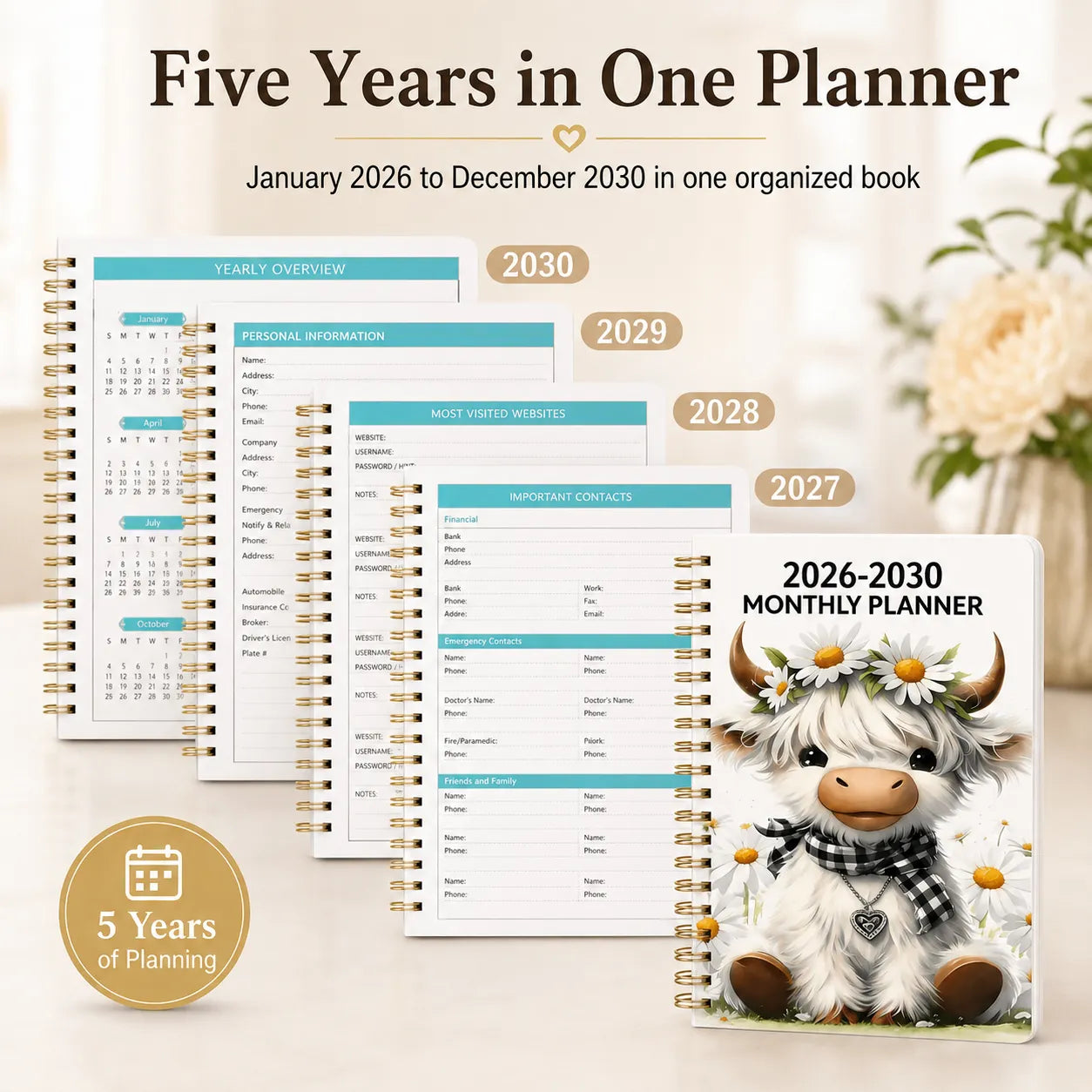 🐮  Cute Cow 5-Year Planner 2026–2030 | Monthly Organizer with Farmhouse Cover, Goal Tracking Pages & Long-Term Planning Layout ✨