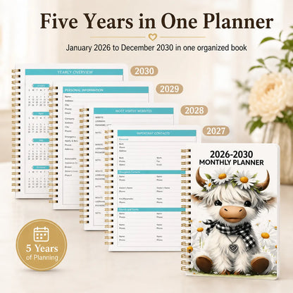 🐮  Cute Cow 5-Year Planner 2026–2030 | Monthly Organizer with Farmhouse Cover, Goal Tracking Pages & Long-Term Planning Layout ✨