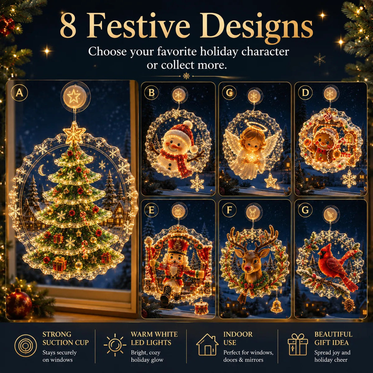🎄Lighted Christmas Window Decoration with Suction Cup | Warm LED Window Light with Double-Layer Design & Multiple Festive Styles ✨