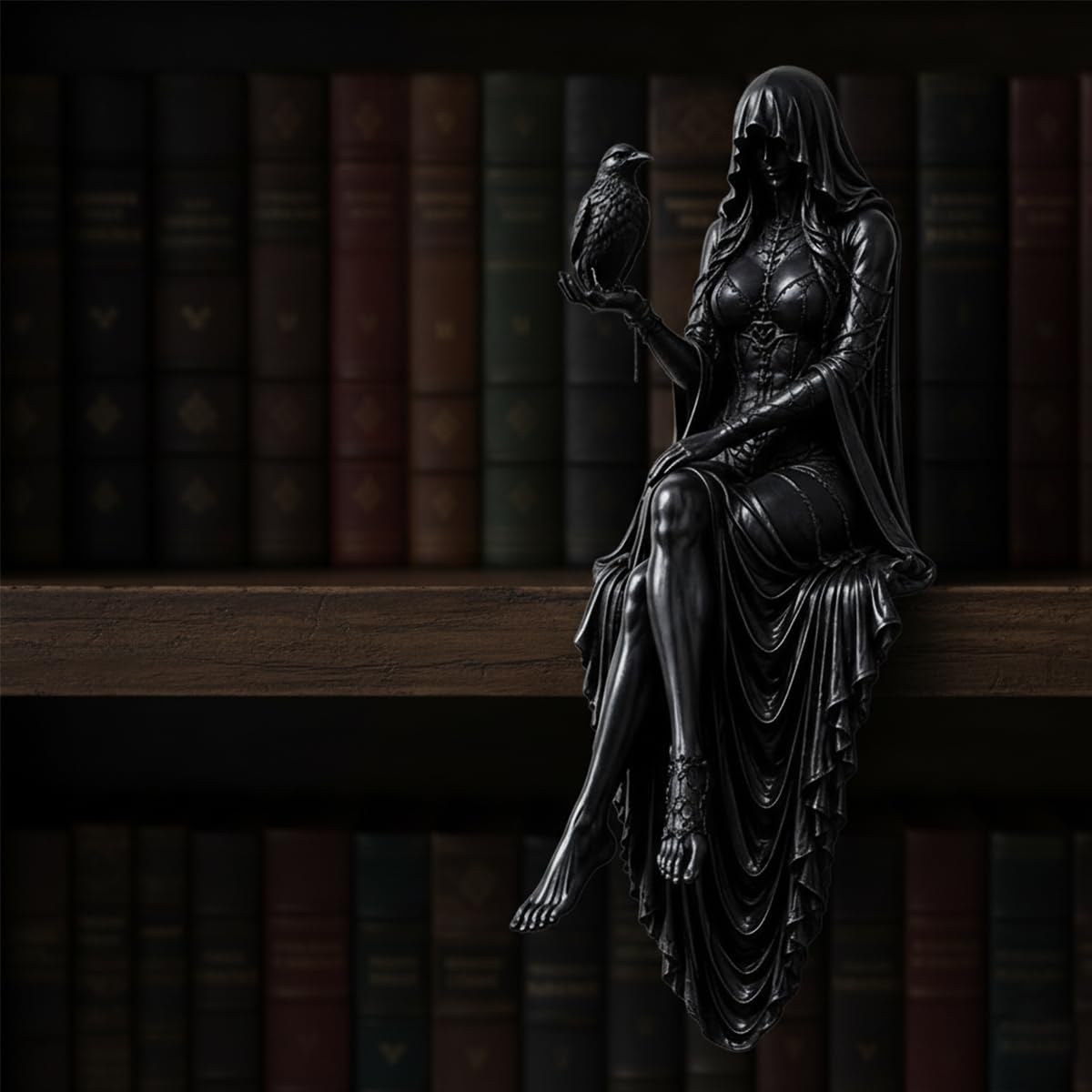 🦅Gothic Raven Shelf Sitter Statue Hooded Lady Reaper Figurine