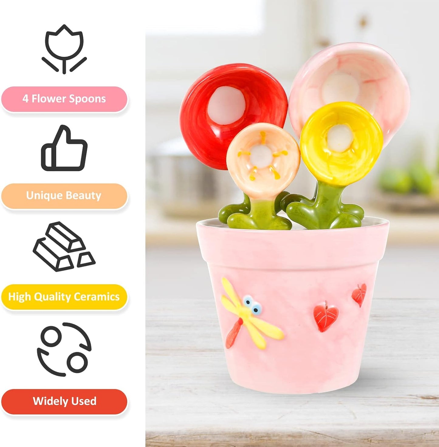 🌸 Ceramic Flower Measuring Spoons Set – Cute Nesting Design with Decorative Pot, 4 Sizes for Baking & Cooking