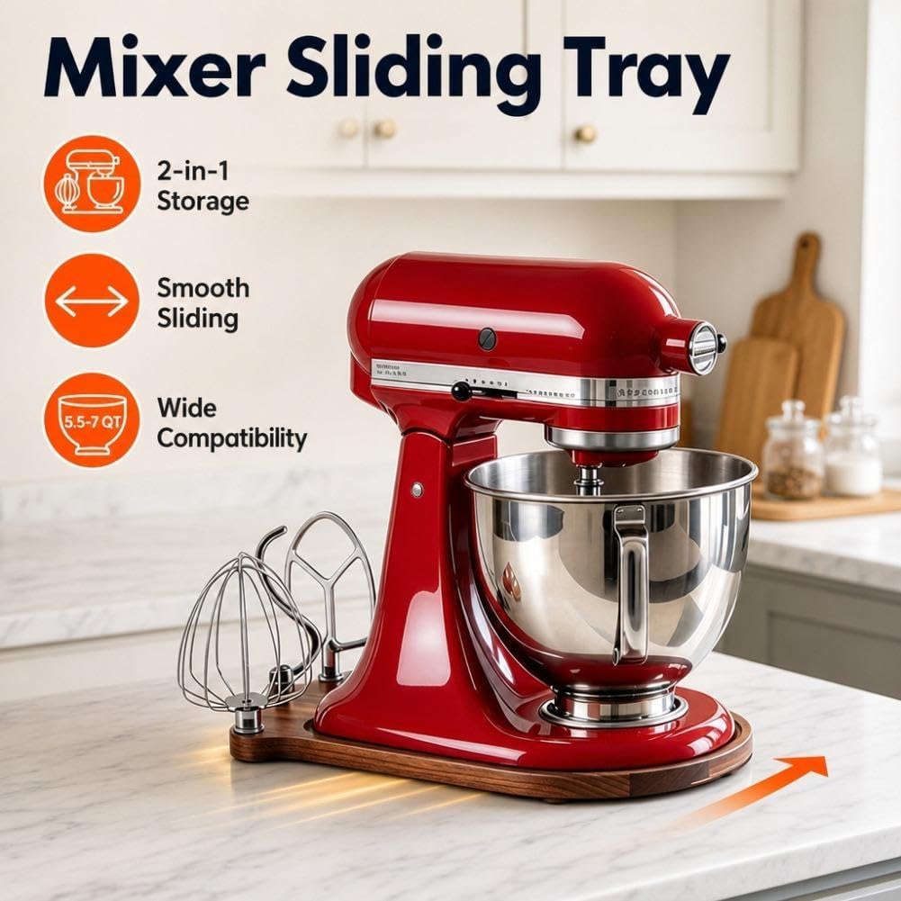 🌟Stand Mixer Sliding Tray | Wooden Mover Board with Attachment Storage Pegs
