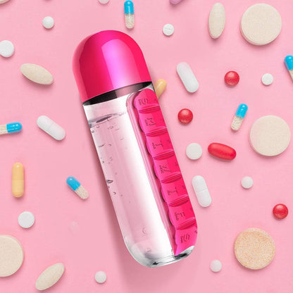 💊💧2 in 1 Pill Water Bottle | 600ml Portable Water Bottle with 7 Day Pill Organizer