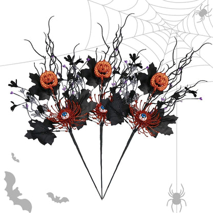 3Pcs Halloween Artificial Ins Horror Flower Branch with Maple Eyeball Pumpkin