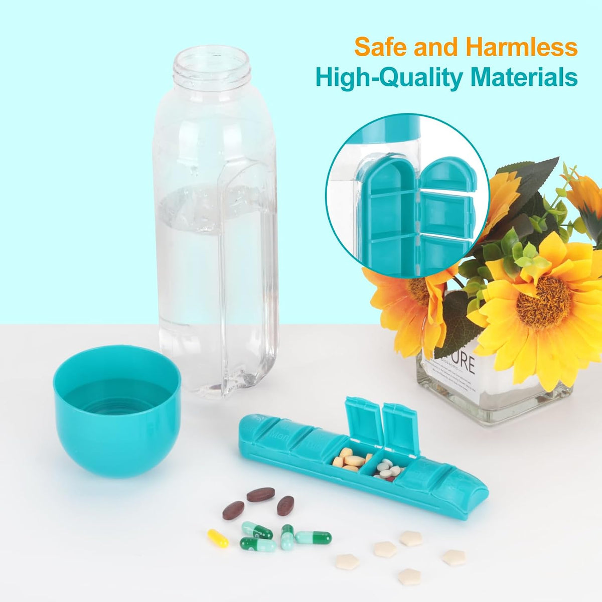 💊💧2 in 1 Pill Water Bottle | 600ml Portable Water Bottle with 7 Day Pill Organizer