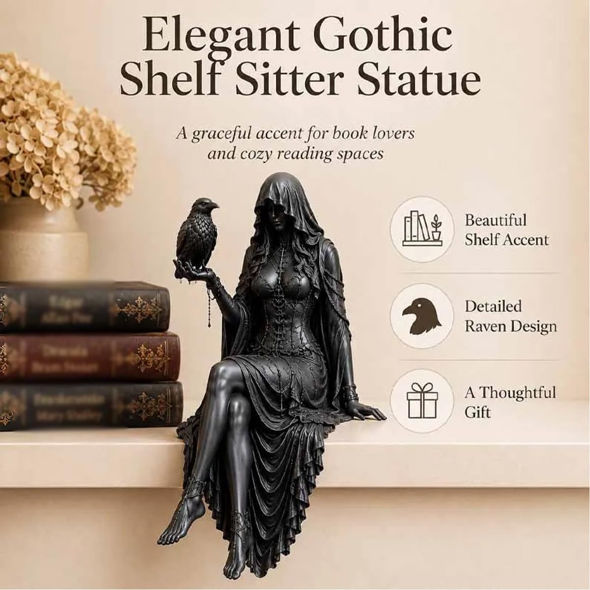 🦅Gothic Raven Shelf Sitter Statue Hooded Lady Reaper Figurine