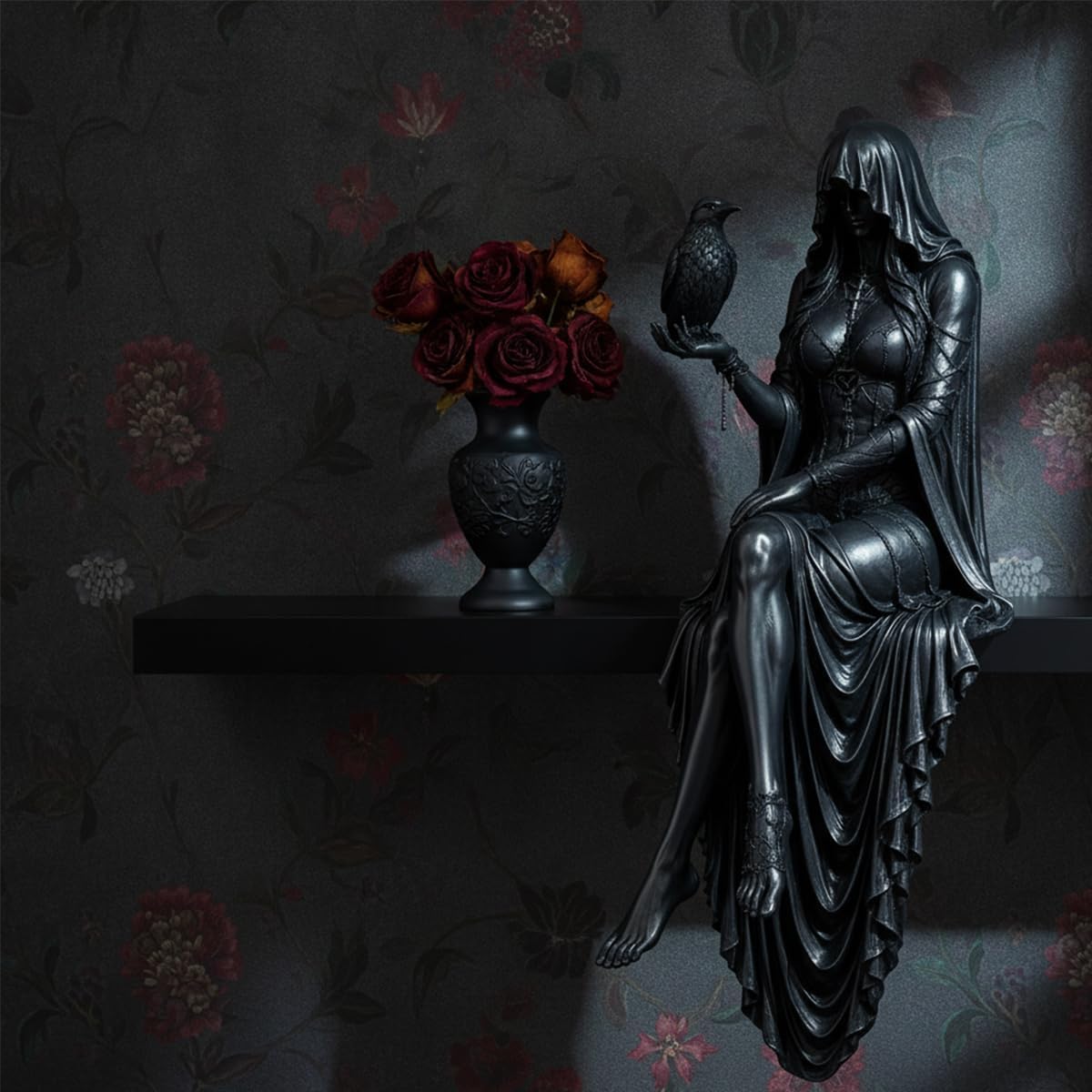 🦅Gothic Raven Shelf Sitter Statue Hooded Lady Reaper Figurine