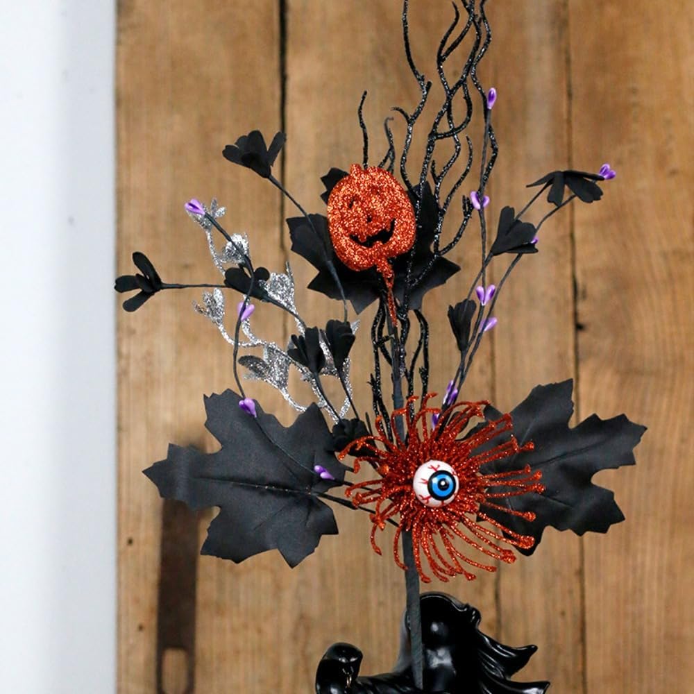 3Pcs Halloween Artificial Ins Horror Flower Branch with Maple Eyeball Pumpkin