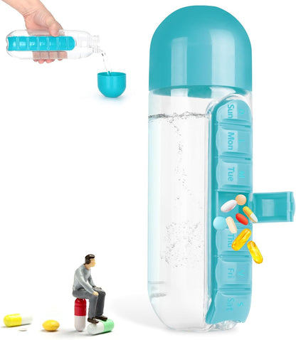 💊💧2 in 1 Pill Water Bottle | 600ml Portable Water Bottle with 7 Day Pill Organizer