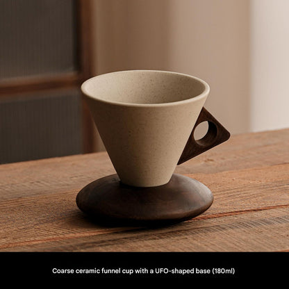 ☕ Handmade Ceramic Pour Over Coffee Dripper with Wooden Handle & Base