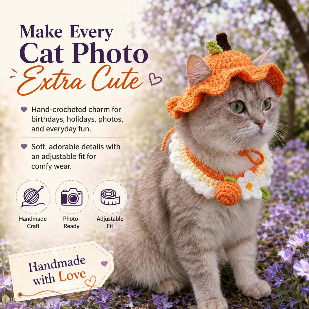 🐱 Handmade Knitted Pet Hat and Collar Set – Cute Fruit-Animal Designs