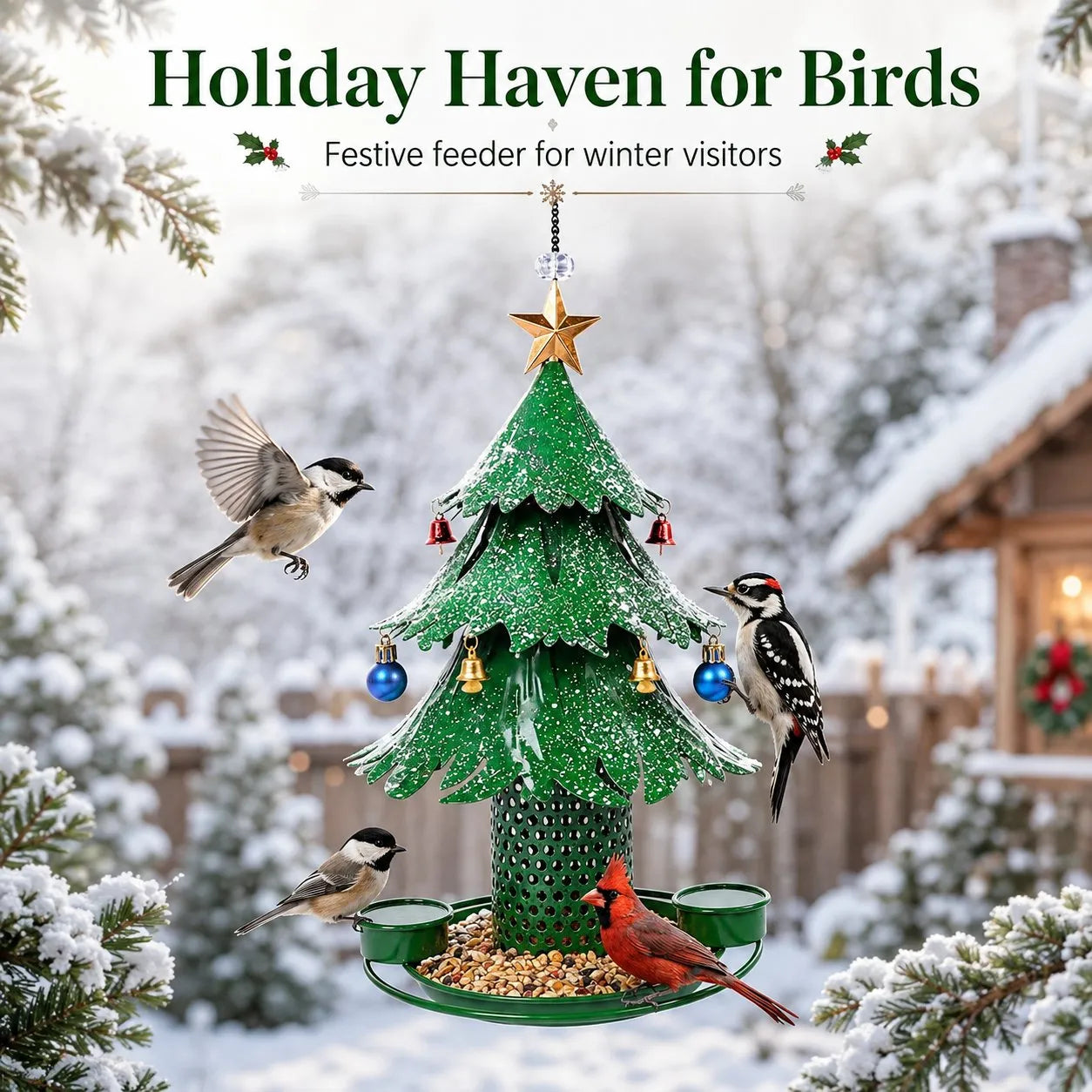 🎄 Christmas Tree Bird Feeder – Rainproof & Squirrel-Proof Hanging Feeder with DIY Ornament Holes, Perfect Holiday Gift for Bird Lovers
