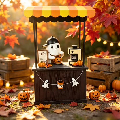 🎃 Cute Ghost Coffee Stand Figurine – Resin Halloweena Tabletop Decor with Mini Barista Bar, Perfect Fall Gift