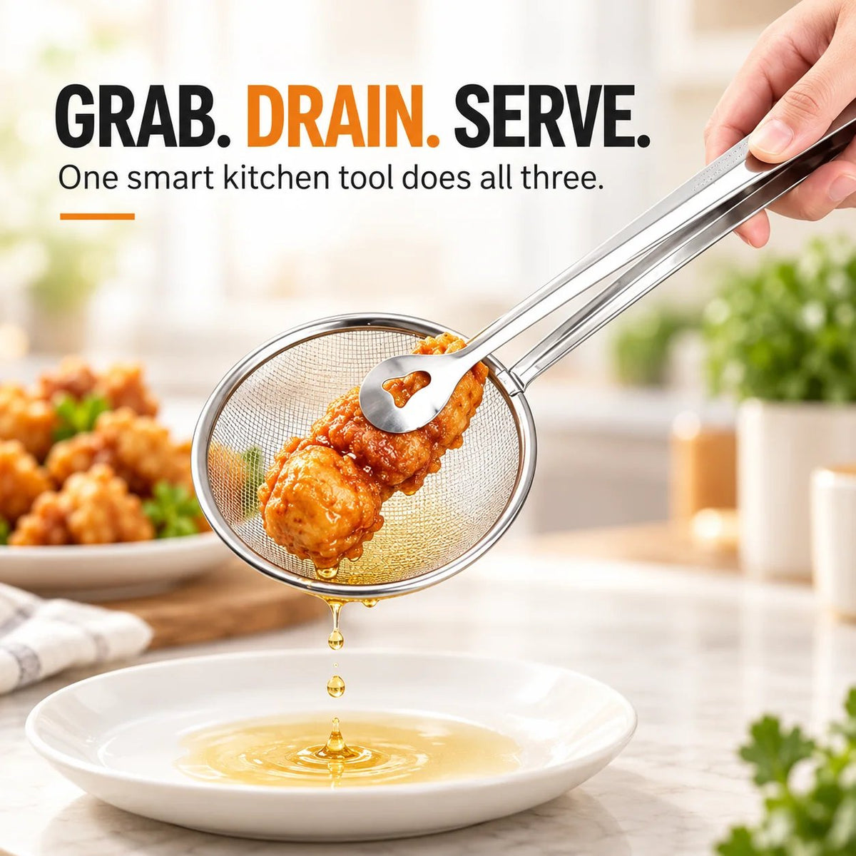 🔥2-in-1 Stainless Steel Strainer Tongs – Grab, Drain & Serve with One Tool