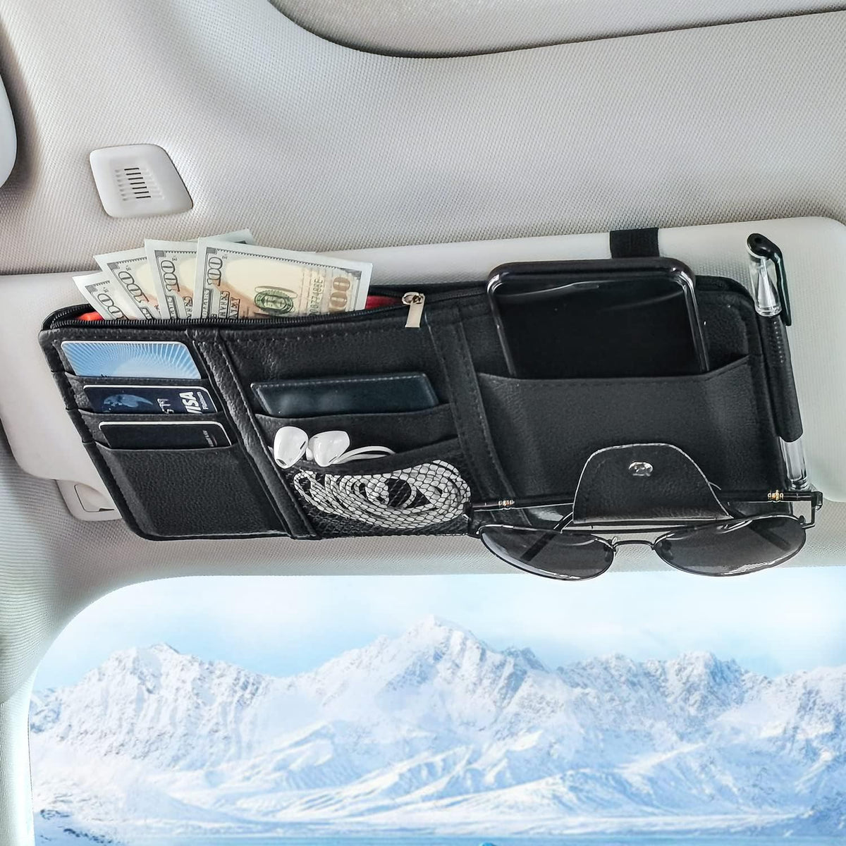 🕶️🚗Car Sun Visor Organizer-Leather Zippered Pouch for Personal Items