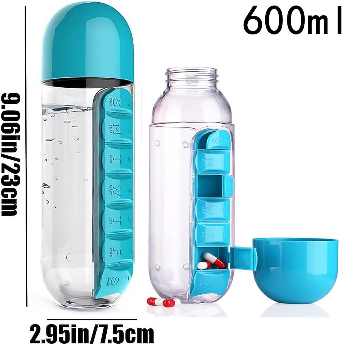💊💧2 in 1 Pill Water Bottle | 600ml Portable Water Bottle with 7 Day Pill Organizer