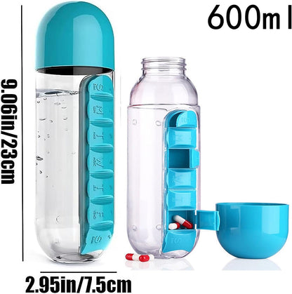 💊💧2 in 1 Pill Water Bottle | 600ml Portable Water Bottle with 7 Day Pill Organizer