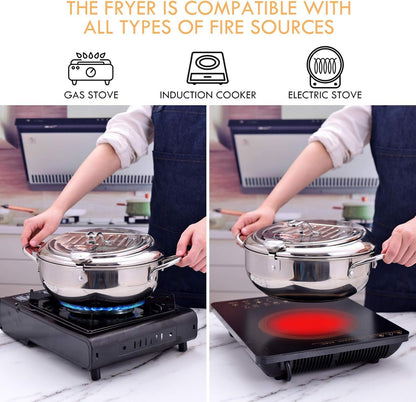 🔥🍤304 Stainless Steel Deep Frying Pot with Strainer Basket and Thermometer