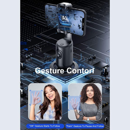 360° AI Face-Tracking Phone Holder – Supports Gesture Control | No App Required