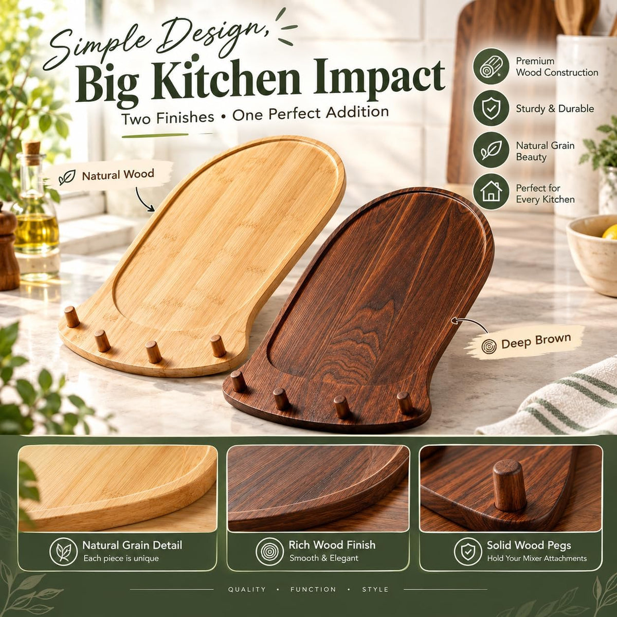 🌟Stand Mixer Sliding Tray | Wooden Mover Board with Attachment Storage Pegs