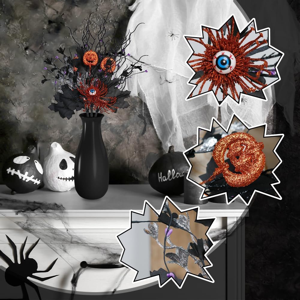 3Pcs Halloween Artificial Ins Horror Flower Branch with Maple Eyeball Pumpkin