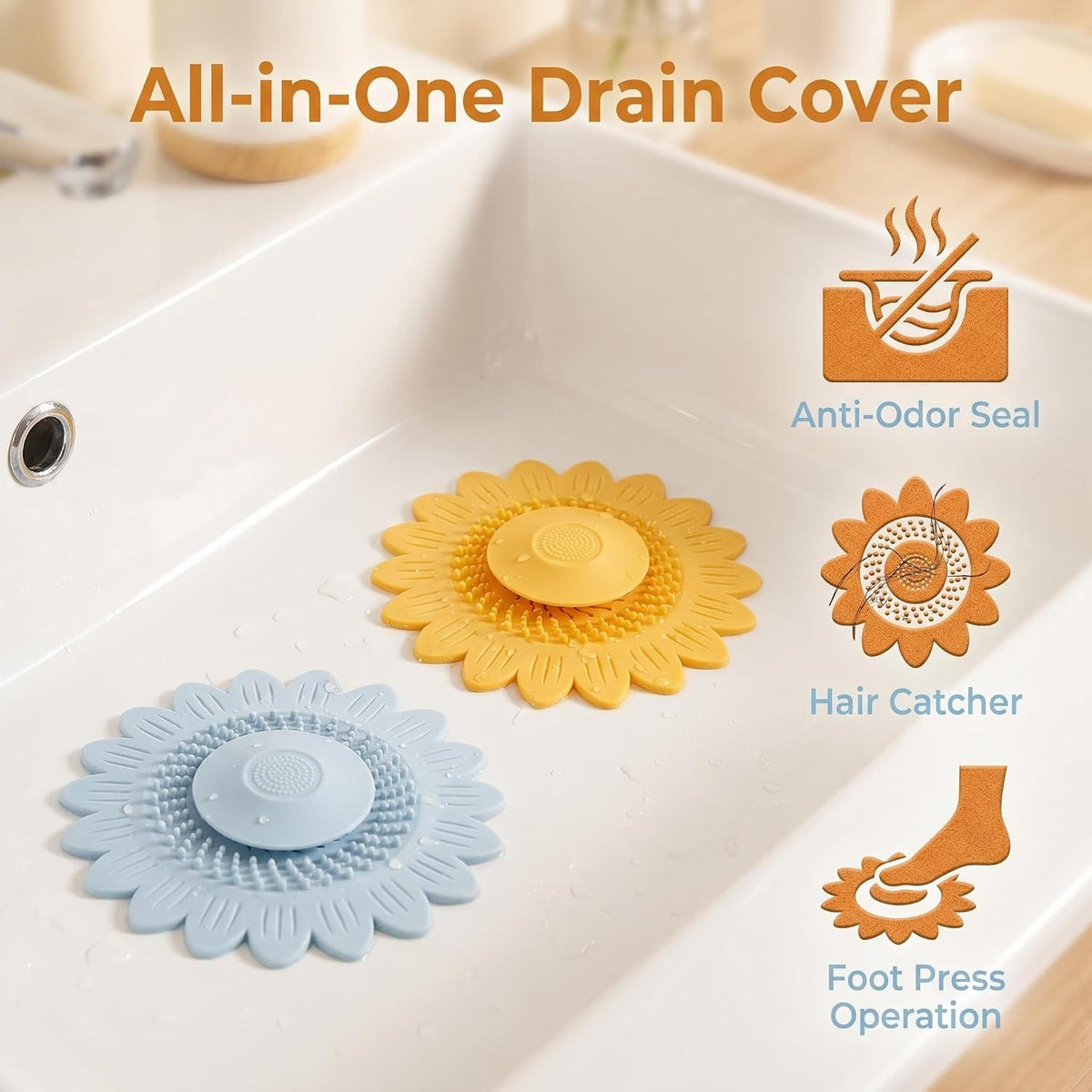 🌻4PCS-Sunflower Silicone Drain Cover| Hair Catcher & Anti-odor Stopper