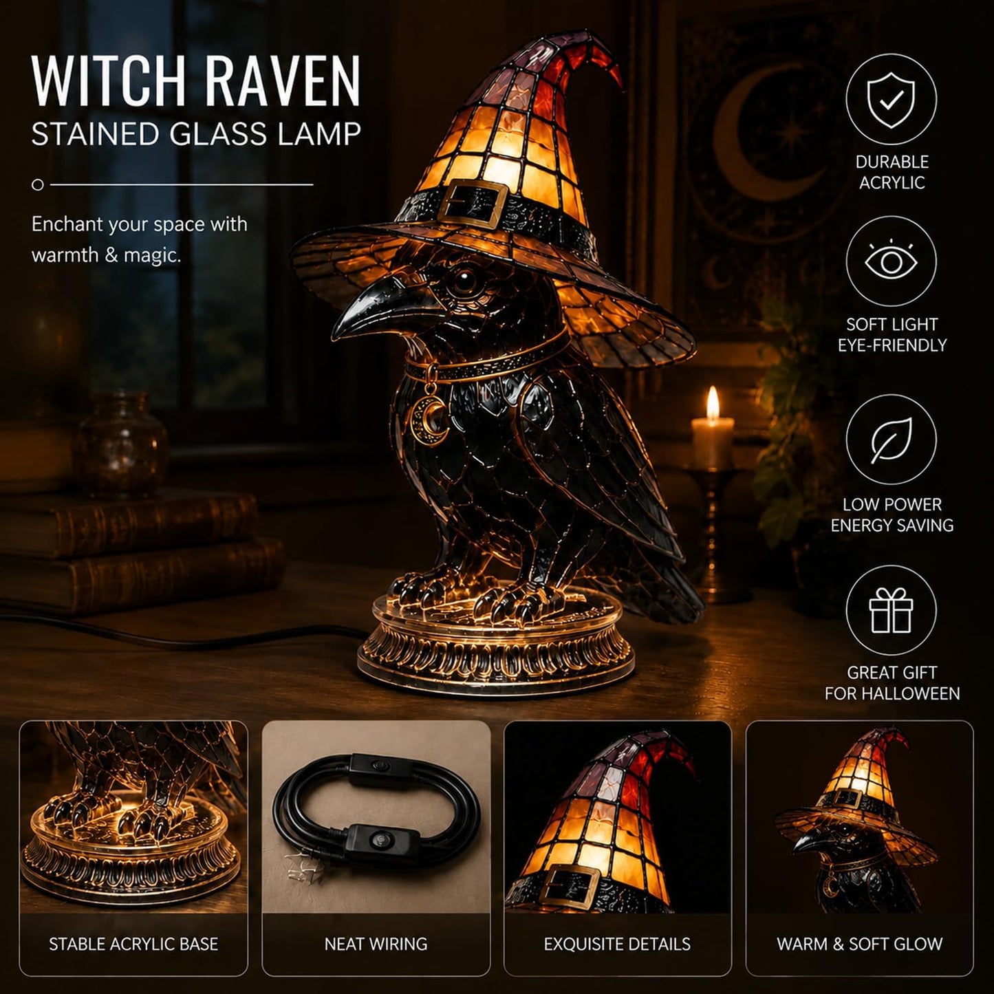 🔥Exclusive Limited Item 👍🔥50%OFF🐈🐱 Tiffany-Style Witch & Black Cat Table Lamp | Gothic Halloween Decorative Night Light