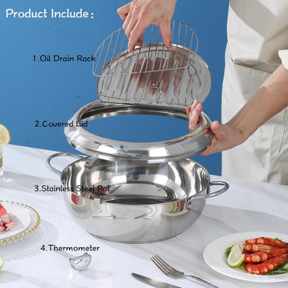 🔥🍤304 Stainless Steel Deep Frying Pot with Strainer Basket and Thermometer