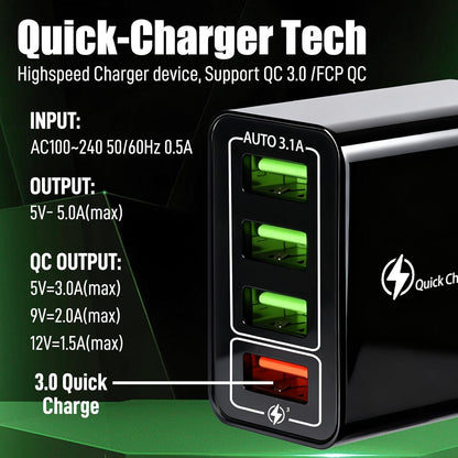 ⚡ 4-Port USB QC3.0 Multi Fast Charger