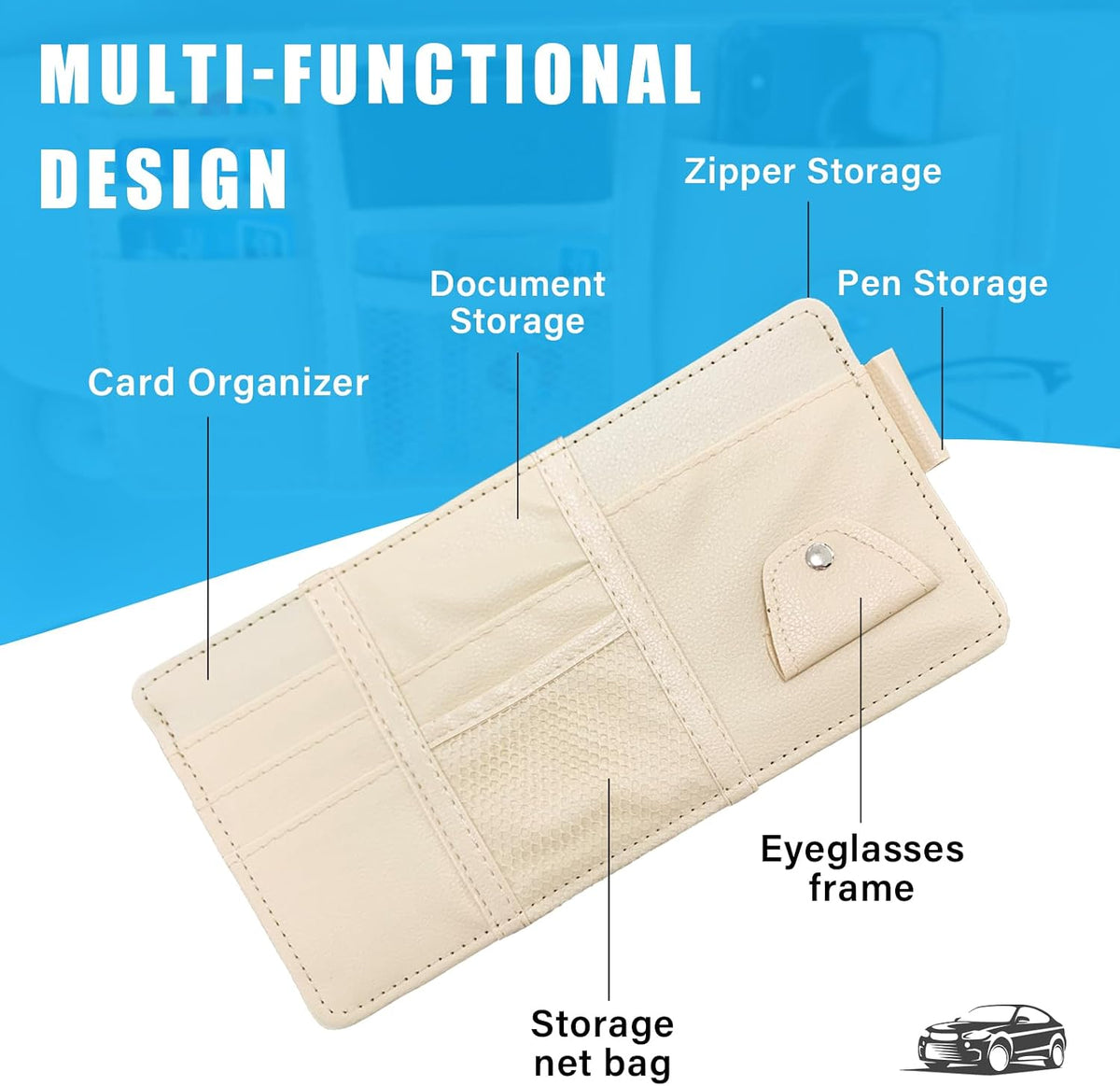 🕶️🚗Car Sun Visor Organizer-Leather Zippered Pouch for Personal Items