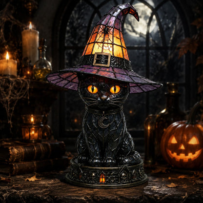 🔥Exclusive Limited Item 👍🔥50%OFF🐈🐱 Tiffany-Style Witch & Black Cat Table Lamp | Gothic Halloween Decorative Night Light