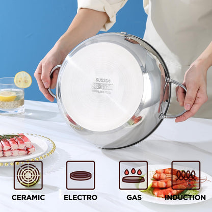 🔥🍤304 Stainless Steel Deep Frying Pot with Strainer Basket and Thermometer
