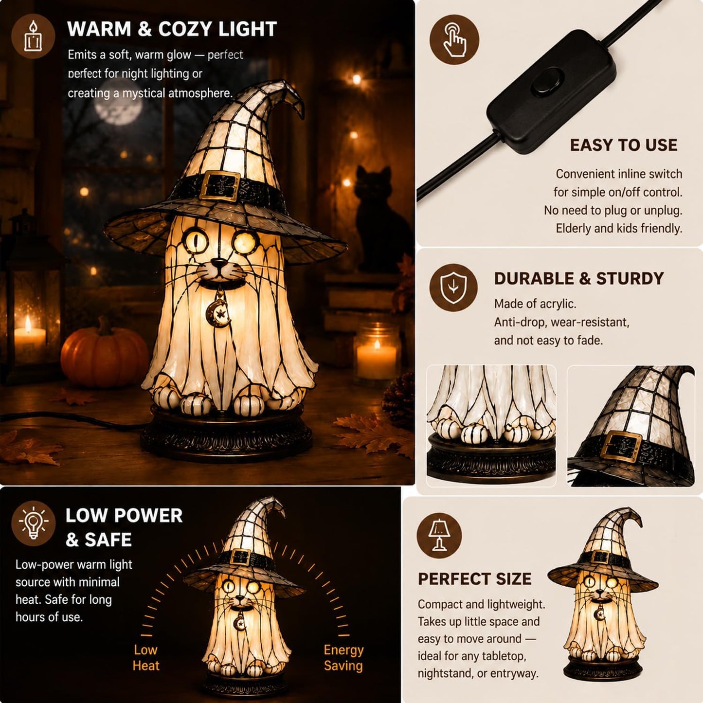 🔥Exclusive Limited Item 👍🔥50%OFF🐈🐱 Tiffany-Style Witch & Black Cat Table Lamp | Gothic Halloween Decorative Night Light