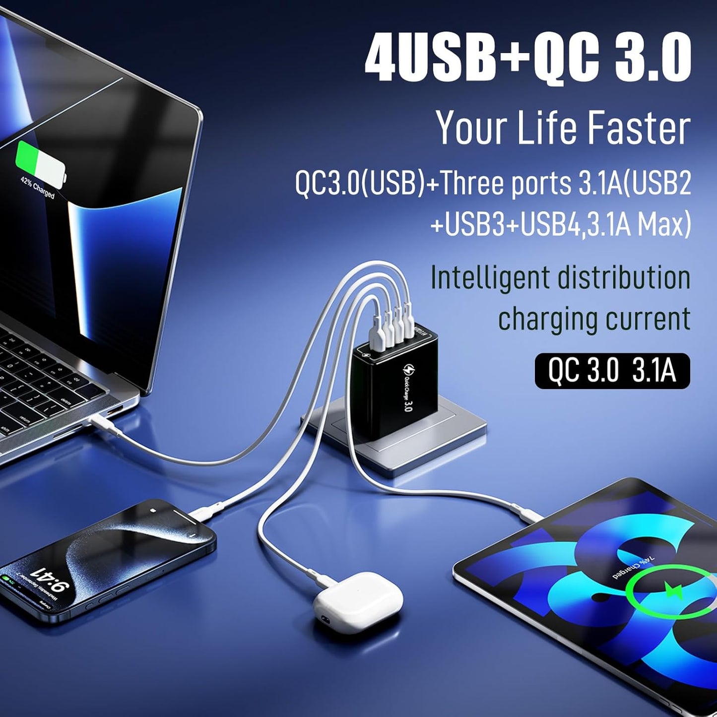 ⚡ 4-Port USB QC3.0 Multi Fast Charger