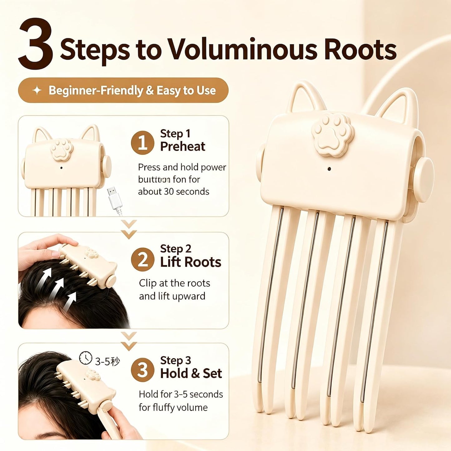 🐱 Cute Cat‑Ear Root Volume Heating Comb
