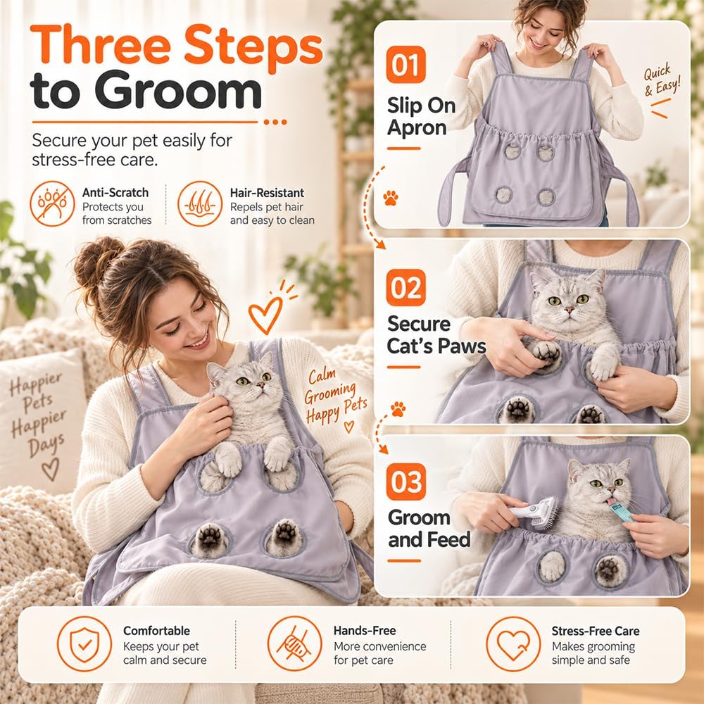 🐱 Anti-Fur Pet Apron – Cat Grooming Apron with 4 Leg Holes