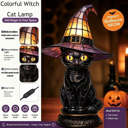 🔥Exclusive Limited Item 👍🔥50%OFF🐈🐱 Tiffany-Style Witch & Black Cat Table Lamp | Gothic Halloween Decorative Night Light