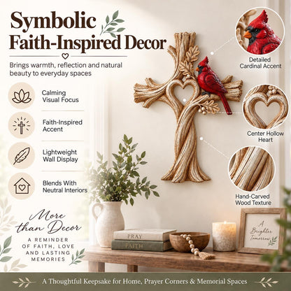 Cardinal Heart Tree Cross – Hand-Carved Solid Wood Decor Memorial Stake