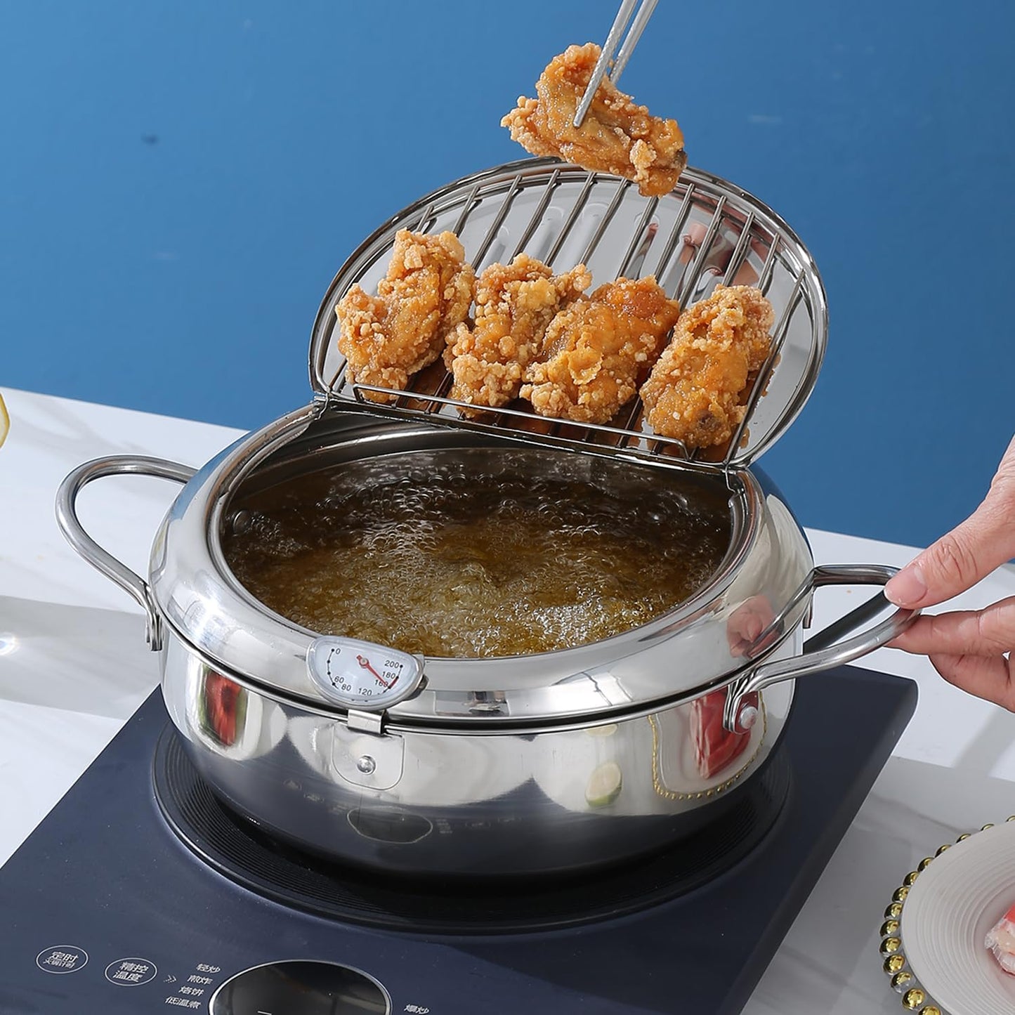 🔥🍤304 Stainless Steel Deep Frying Pot with Strainer Basket and Thermometer