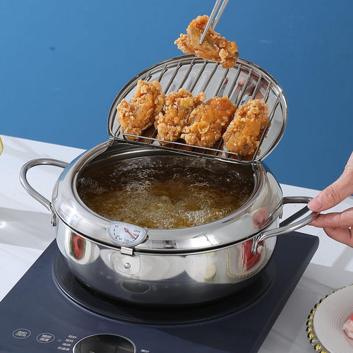 🔥🍤304 Stainless Steel Deep Frying Pot with Strainer Basket and Thermometer