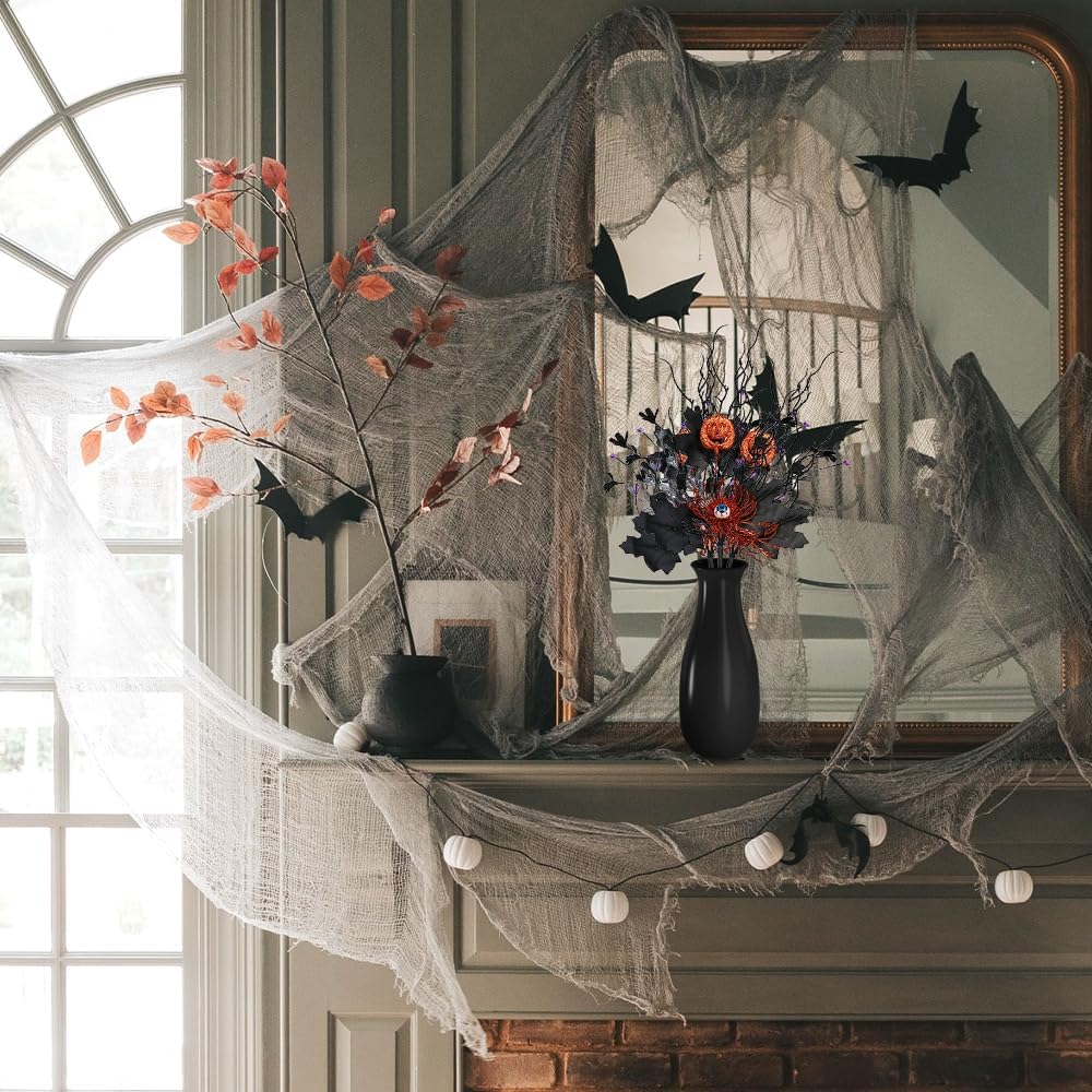 3Pcs Halloween Artificial Ins Horror Flower Branch with Maple Eyeball Pumpkin