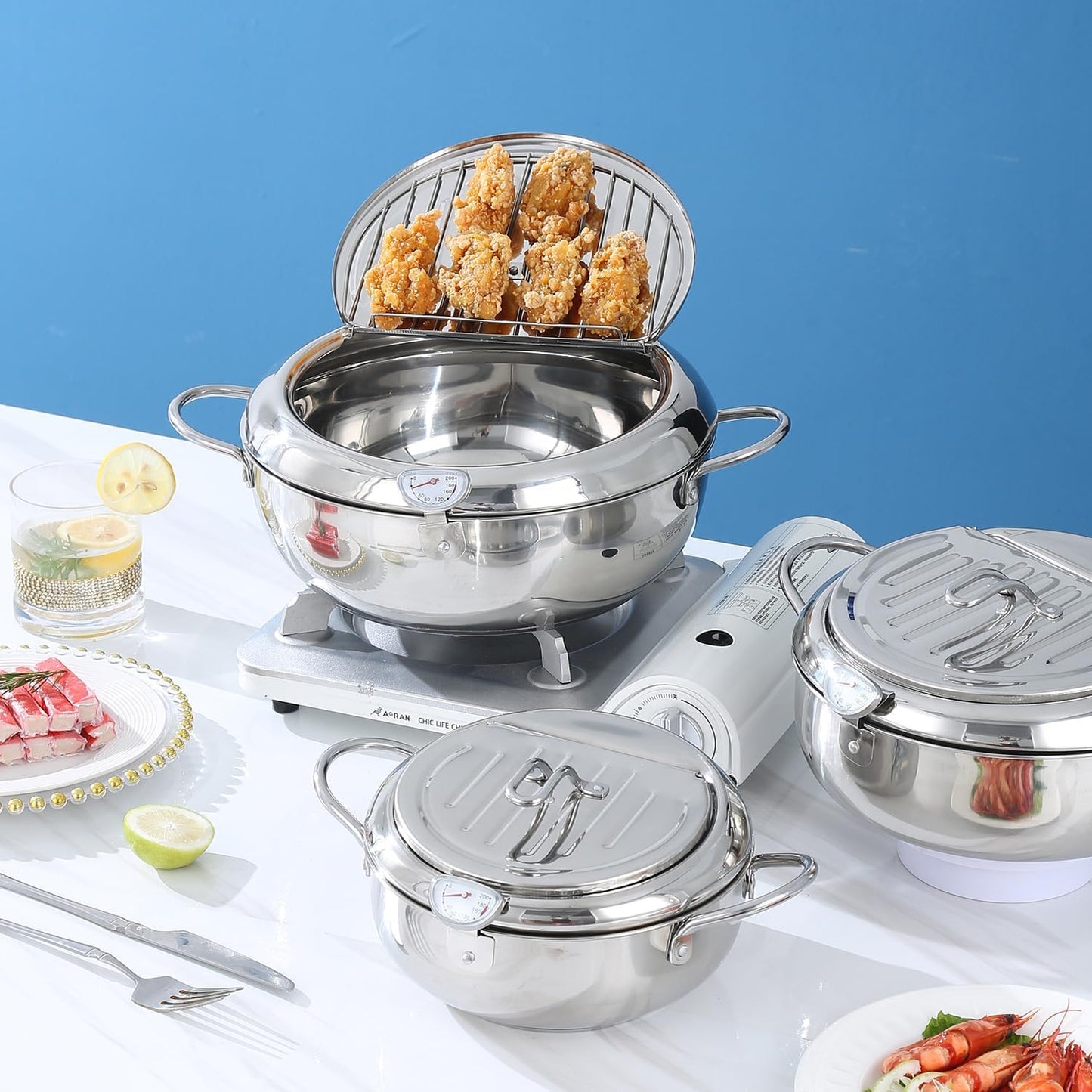 🔥🍤304 Stainless Steel Deep Frying Pot with Strainer Basket and Thermometer