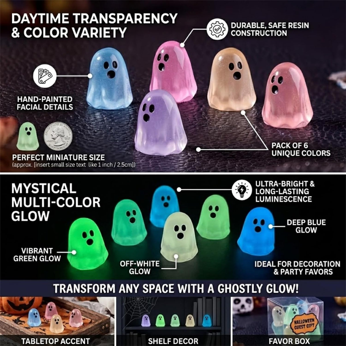 40PSC -Mini Resin Glow in the Dark Ghost Figurines|6 Colors, Glow in the Dark