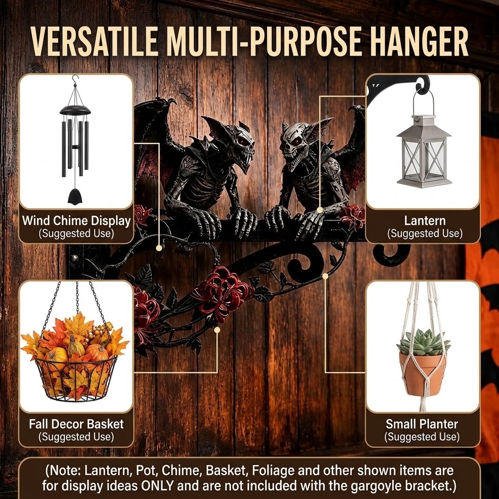 🎃🦇Hanging Halloween Skull Gargoyle Decoration - Spooky Outdoor Metal Hanger For Porch & Garden Decor