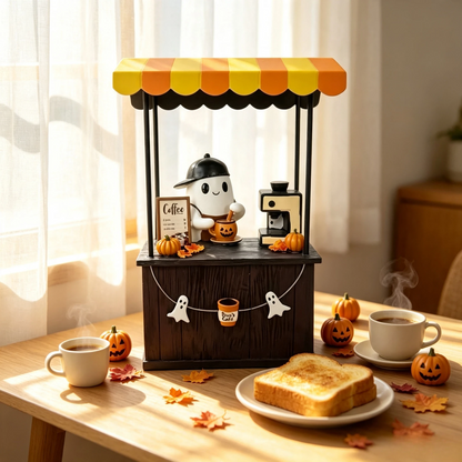 🎃 Cute Ghost Coffee Stand Figurine – Resin Halloweena Tabletop Decor with Mini Barista Bar, Perfect Fall Gift