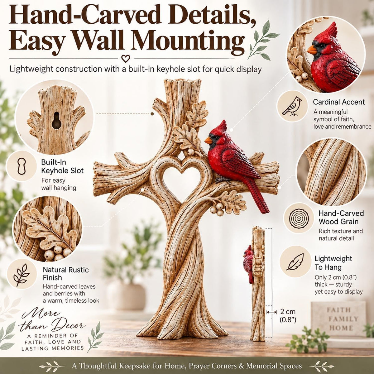 Cardinal Heart Tree Cross – Hand-Carved Solid Wood Decor Memorial Stake