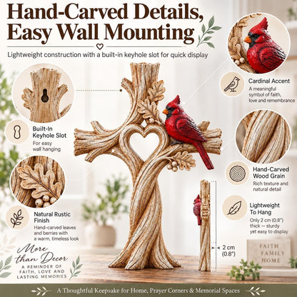 Cardinal Heart Tree Cross – Hand-Carved Solid Wood Decor Memorial Stake