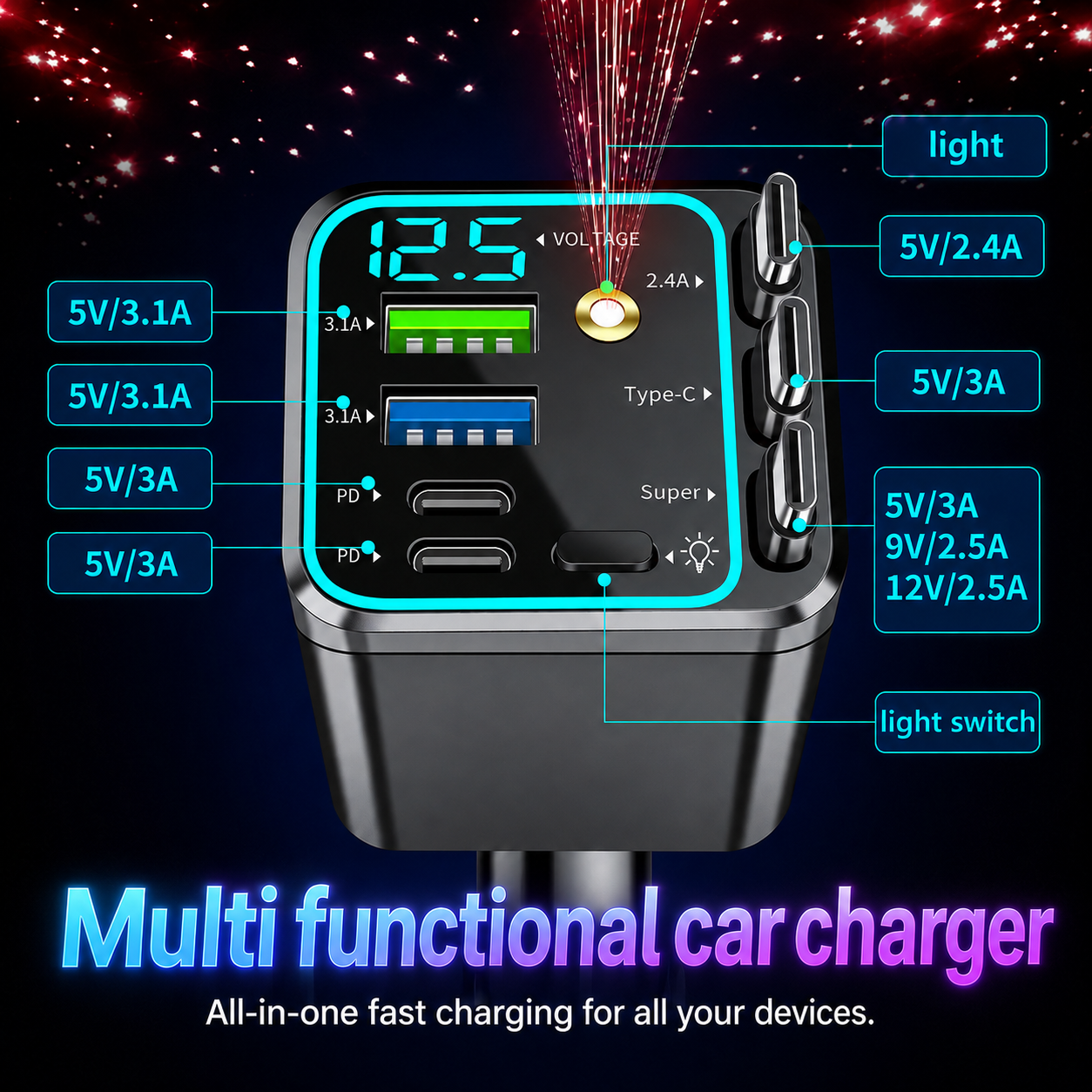⚡7-in-1 Retractable Car Charger