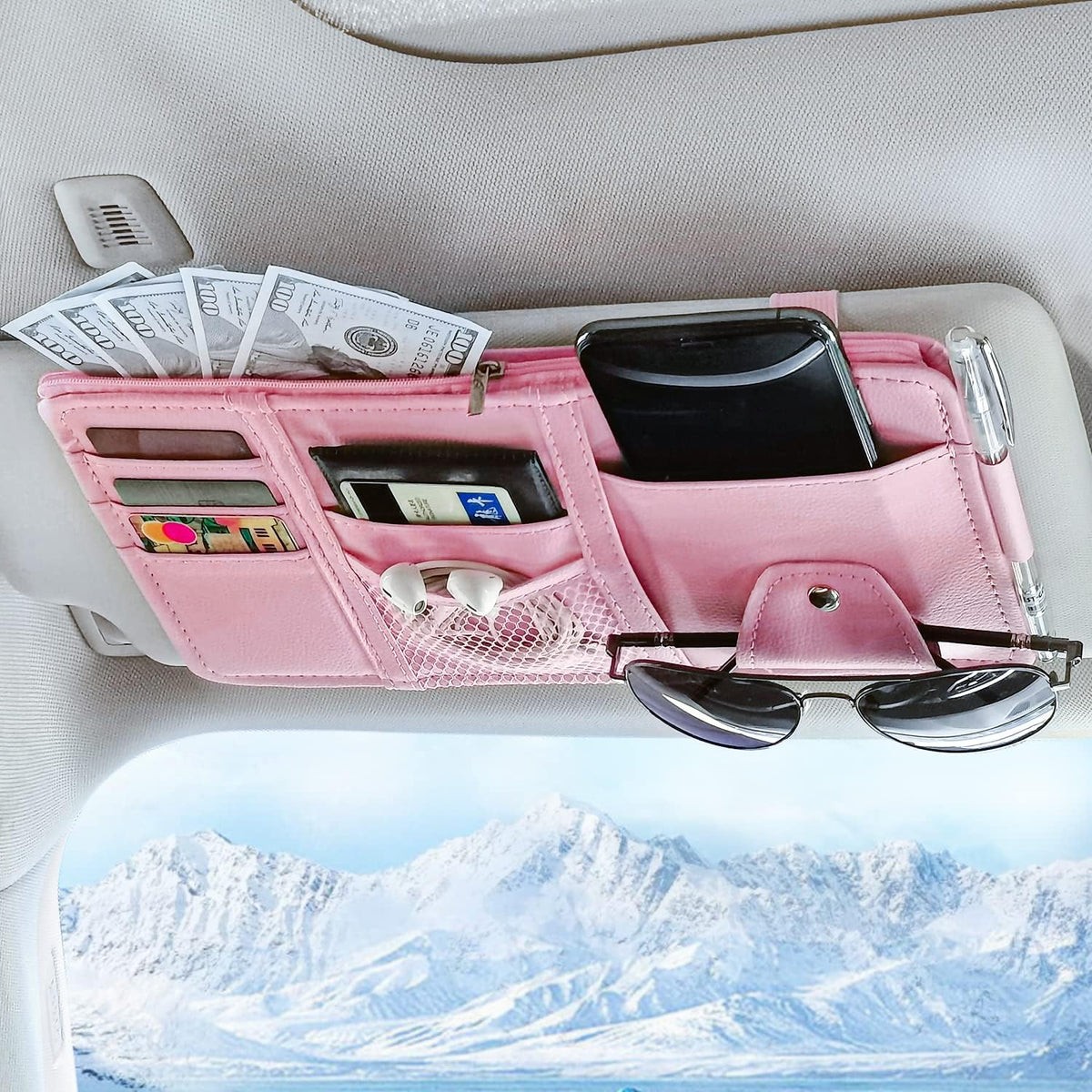 🕶️🚗Car Sun Visor Organizer-Leather Zippered Pouch for Personal Items